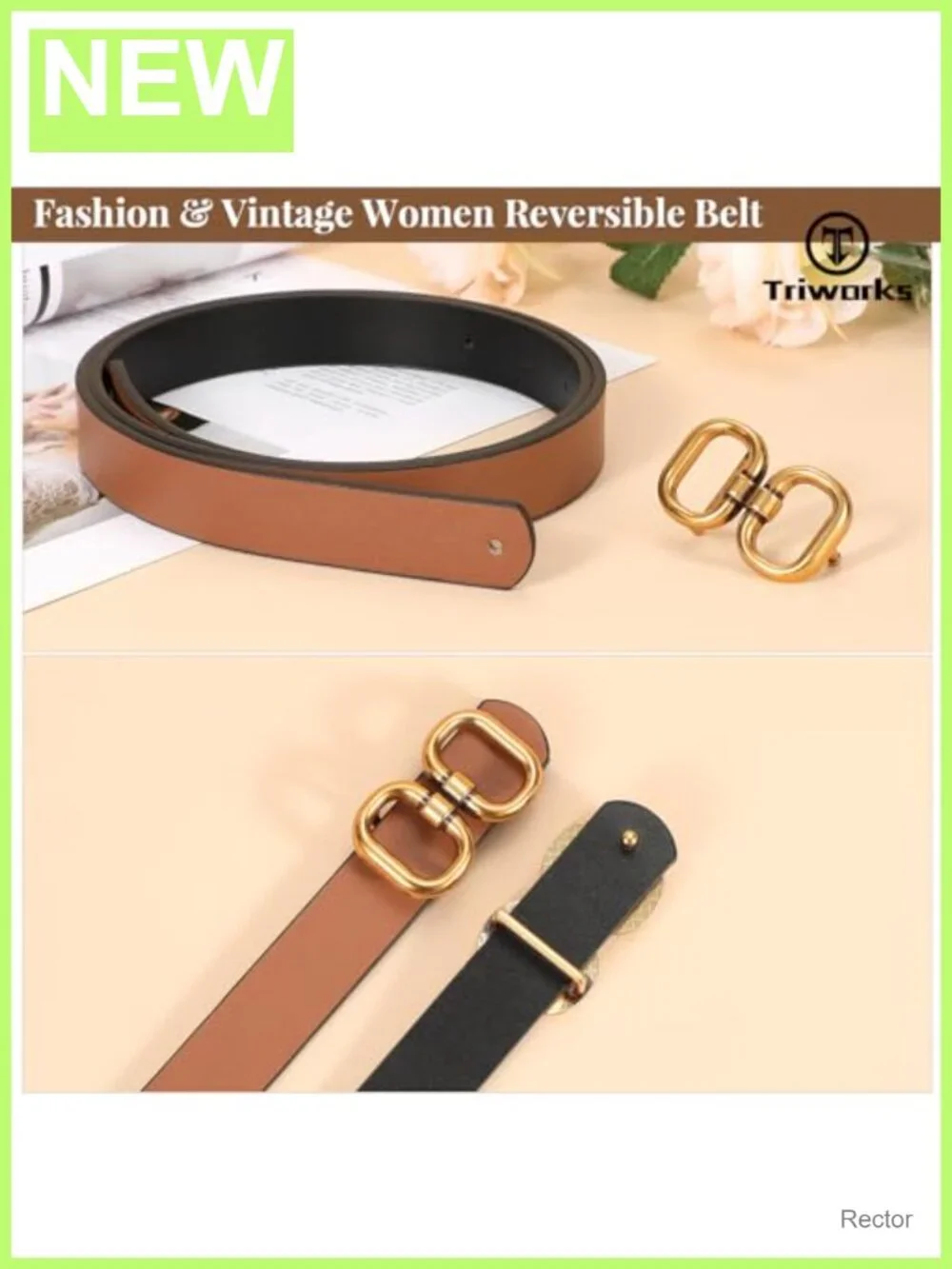 Reversible Faux Leather Belt with Gold Buckle for Women